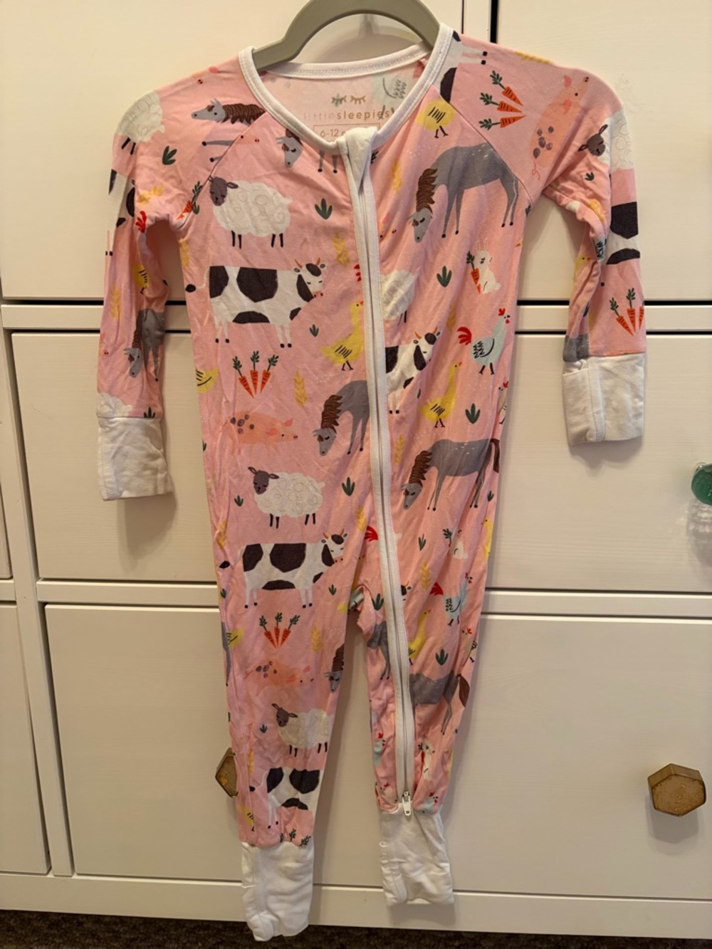 Little Sleepies Pink Farm Animals Zippy Size 6-12 months